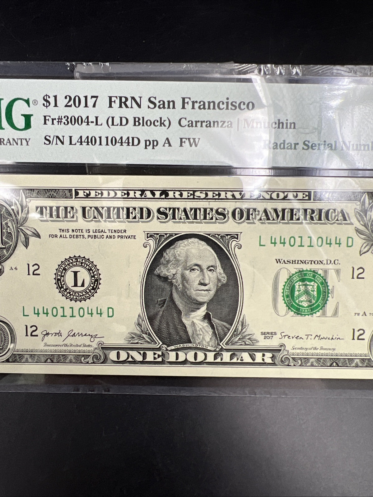 Radar Serial #44011044 2017 $1 One Dollar FRN Federal Reserve Note PMG 68 EPQ