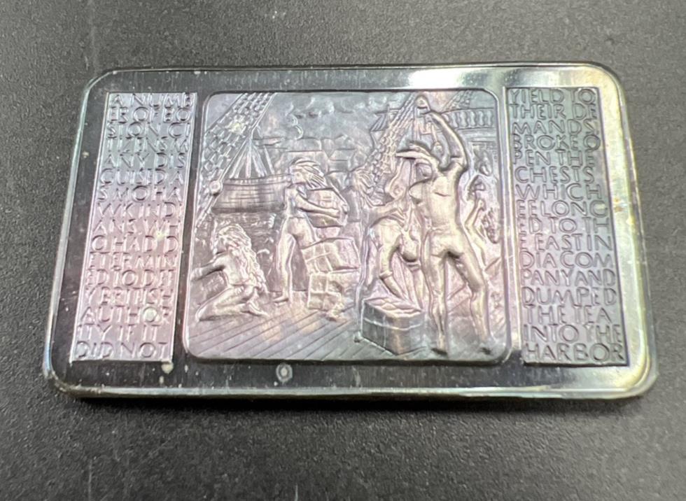 1973 Boston Tea Party 1 Oz Silver Art Bar PQ Neat Original Blue Toning Toner