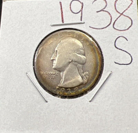 1938 S 25c Washington Silver Quarter Coin VG Very Good / Fine Circ Halo Toning