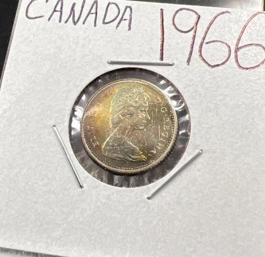 1966 Canada 10c 80% Silver Dime Coin Choice UNC PQ Toning Obverse #A