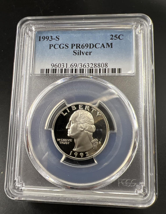1993 S 25c Washington 90% Silver Proof Quarter Coin PCGS PR69DCAM #808