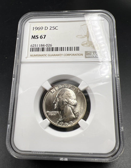 1969 D 25c Washington Clad Copper Nickel Quarter Coin MS67 NGC Certified Gem BU