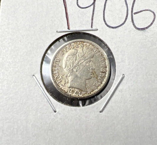 1906 P 10c Barber Silver Dime Coin Choice AU Details Graffiti