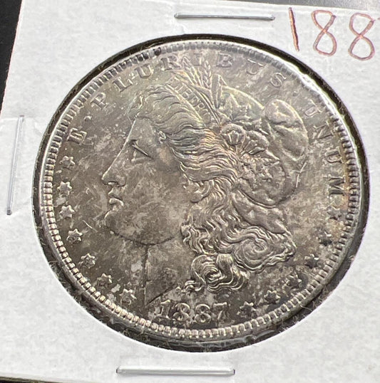 1887 P $1 Morgan Silver Dollar Coin Choice AU About UNC Neat Toning Obverse
