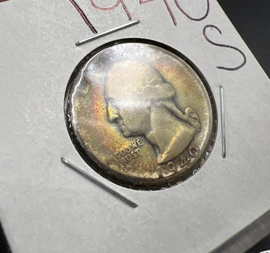 1940 S 25c Washington Silver Quarter Coin Neat Toning Toner Obverse Circulated