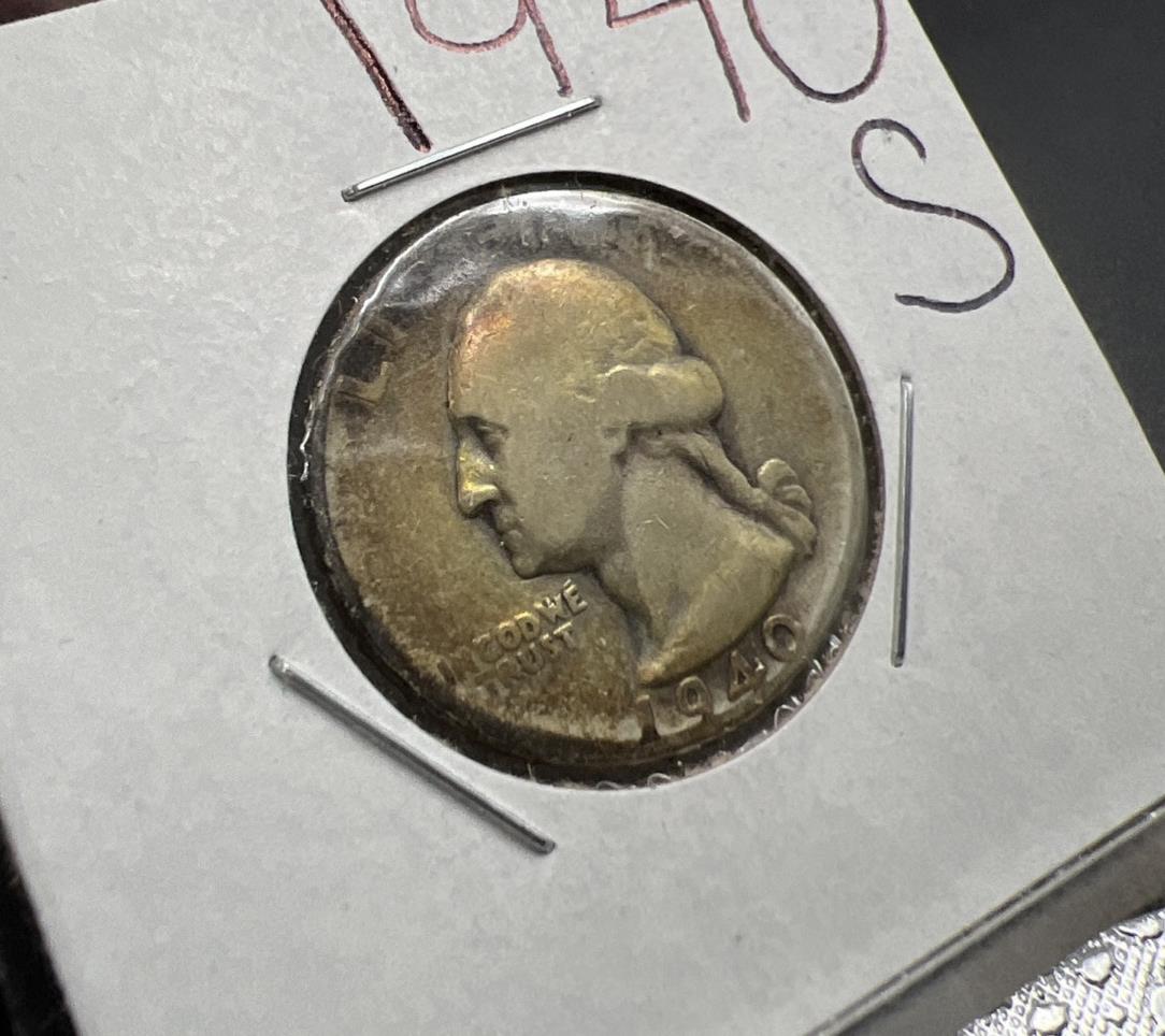 1940 S 25c Washington Silver Quarter Coin Neat Toning Toner Obverse Circulated