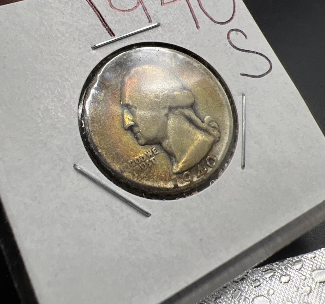 1940 S 25c Washington Silver Quarter Coin Neat Toning Toner Obverse Circulated