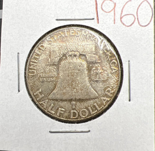 1960 P Franklin Half Dollar Silver Coin Choice AU About UNC Nice Toning Toner