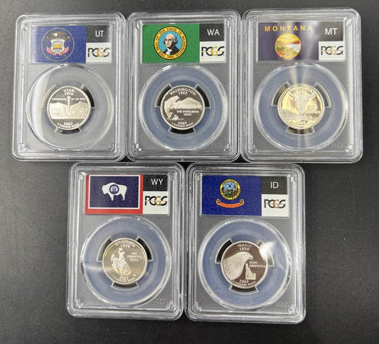2007 S Complete 5 Coin Silver Proof Quarter Set PCGS Graded PR69 DCAM Flag Label