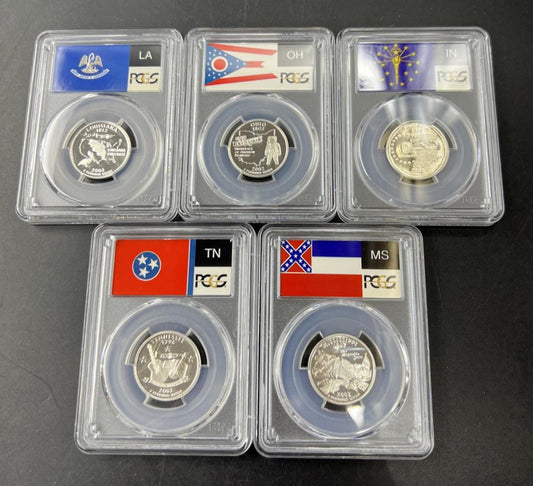 2002 S Complete 5 Coin Silver Proof Quarter Set PCGS Graded PR69 DCAM Flag Label