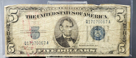 1934 C $5 Silver Certificate Blue Seal Very Neat Serial Number Circulated #0067