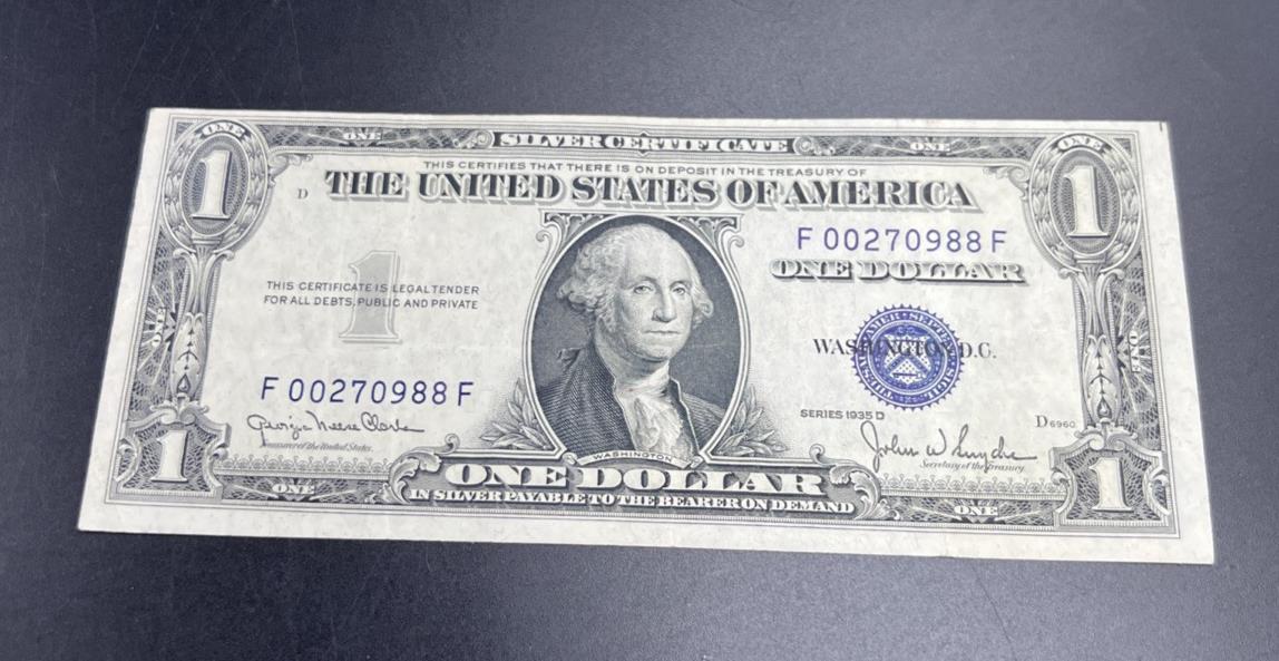 1935 D $1 One Dollar Blue Seal Silver Certificate Choice VF Very Fine Circ #988