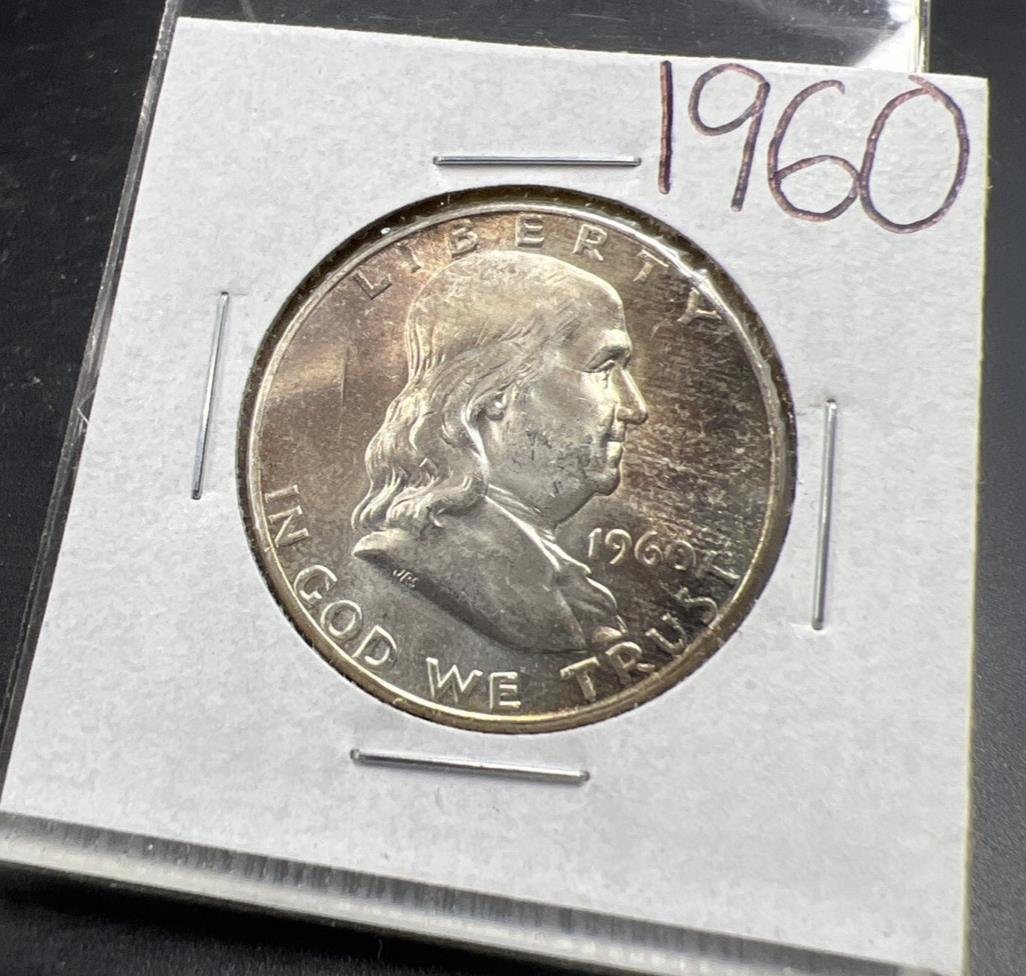 1960 P 50c Franklin 90% Silver Half Dollar Coin Choice BU UNC Neat Toning Toner