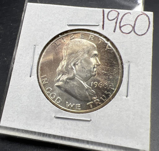 1960 P 50c Franklin 90% Silver Half Dollar Coin Choice BU UNC Neat Toning Toner