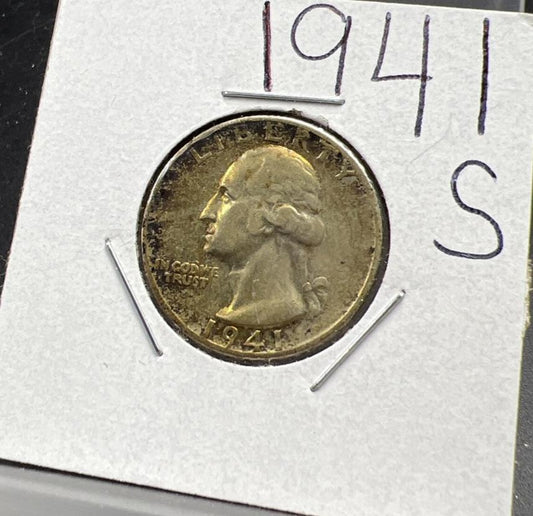 1941 S Washington Silver 25c Quarter Coin XF EF Extra Fine Neat Toning