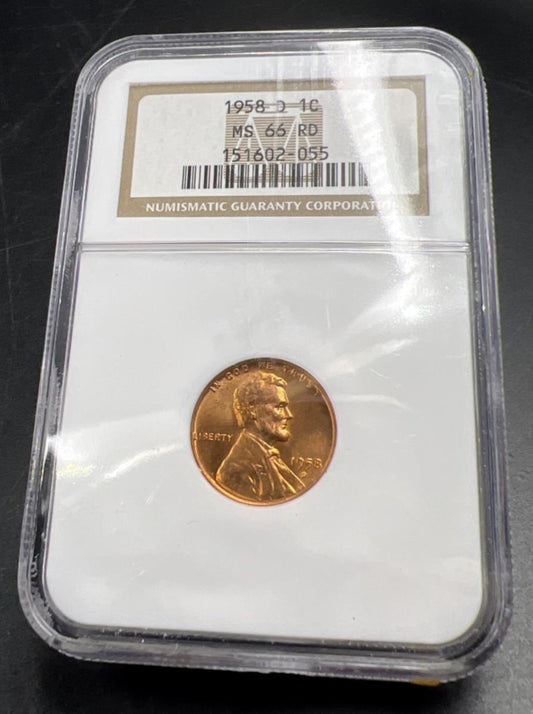 1958 D Lincoln Wheat Cent Penny Coin NGC MS66 RD GEM BU #055