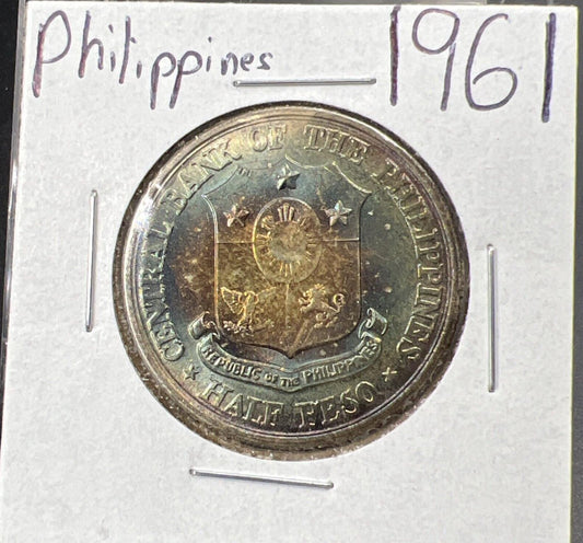 1961 Philippines Jose Rizal Silver Half Peso Coin CH BU PQ Rainbow Toning REV
