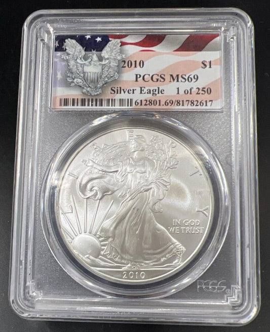 2010 1 Oz ASE American Silver Eagle PCGS MS69 USA American Flag Holder 1/250 #