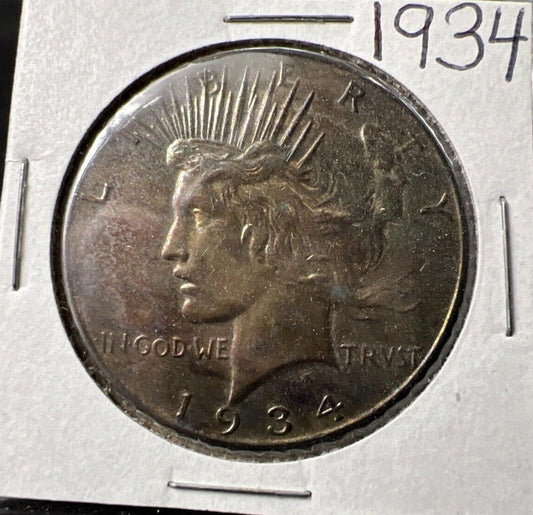 1934 P $1 Peace Silver Dollar Coin XF EF Details Artificial Toning Semi Key Date