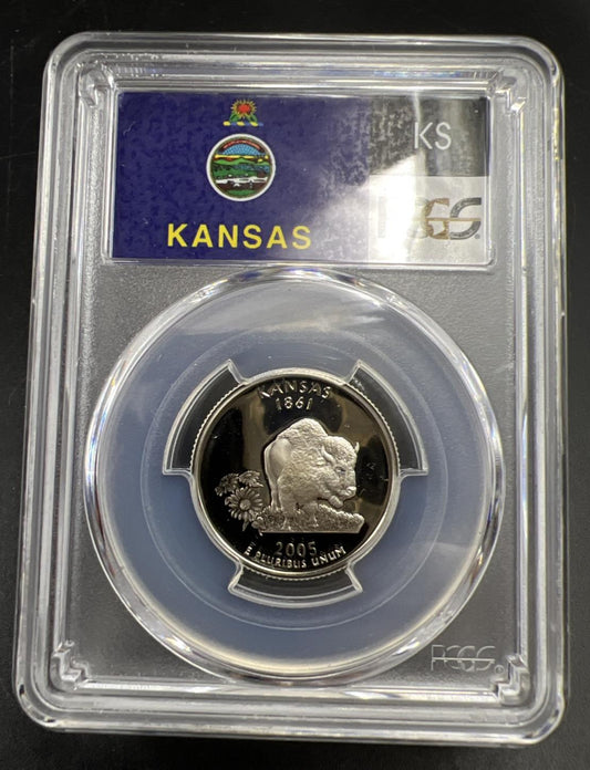 2005 S 25c Silver Kansas Quarter Coin PCGS PR69 DCAM Flag Holder