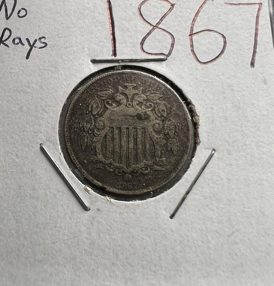 1867 5c No Rays Shield Nickel Coin Cull Circulated #E