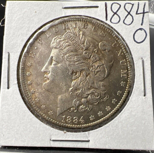 1884 O $1 Morgan Silver Dollar Coin AU Details scratch Nice Toning Toner
