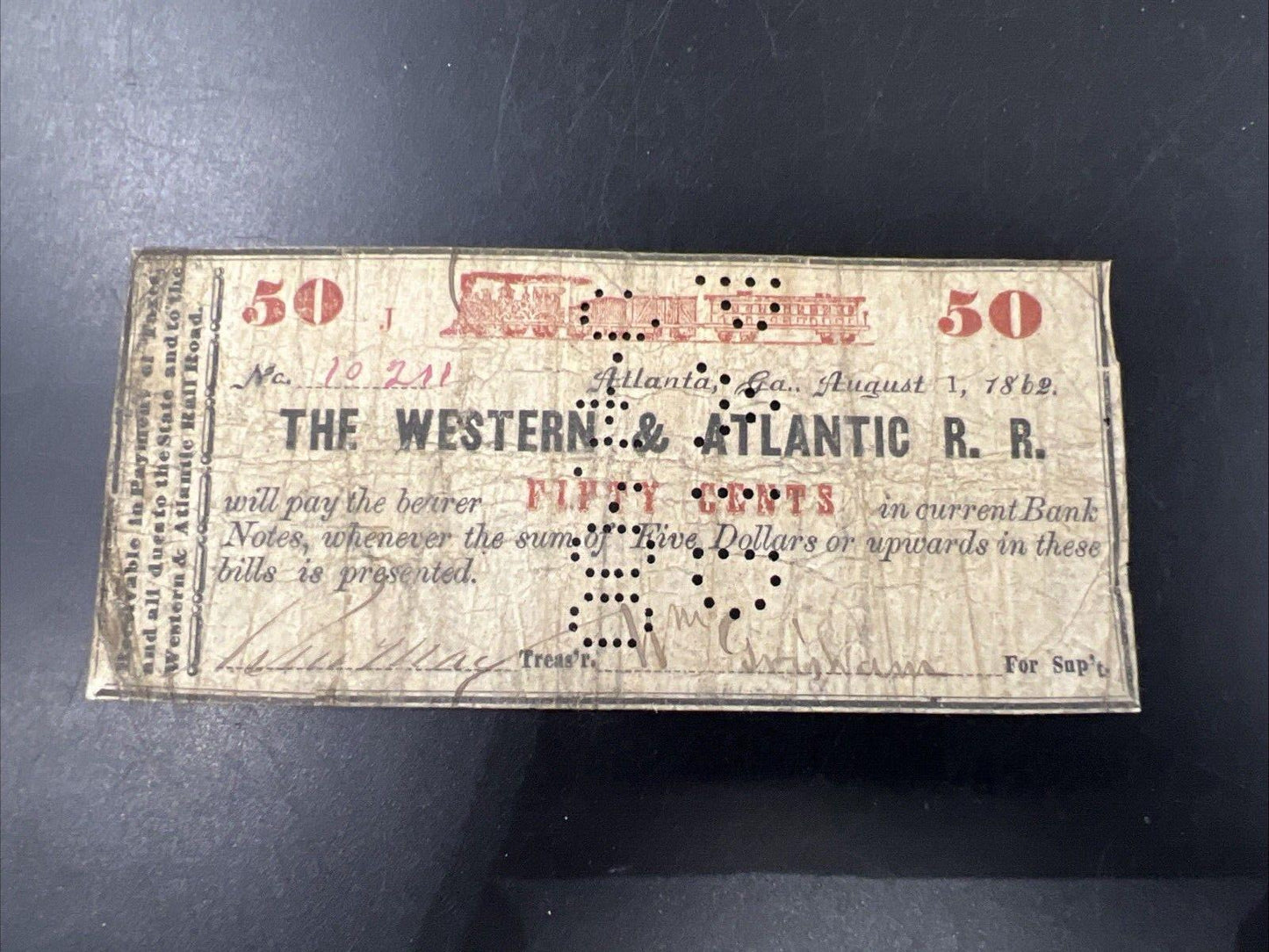 1862 The Western & Atlantic General R. R. Rail Road Atlanta 50c Cents VG Circ #2