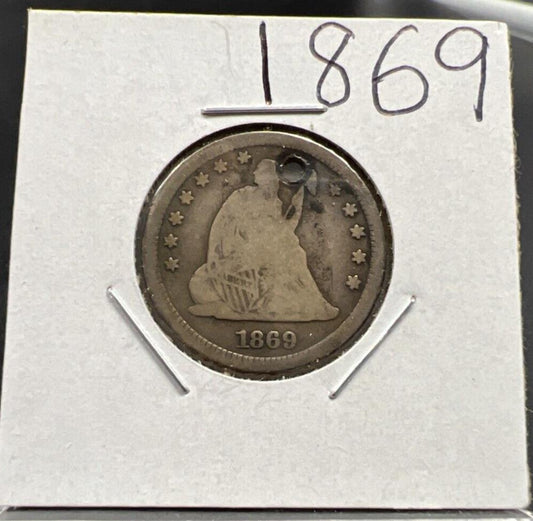 1869 P 25c Liberty Seated Quarter Coin VG Details HOLED - Key Date