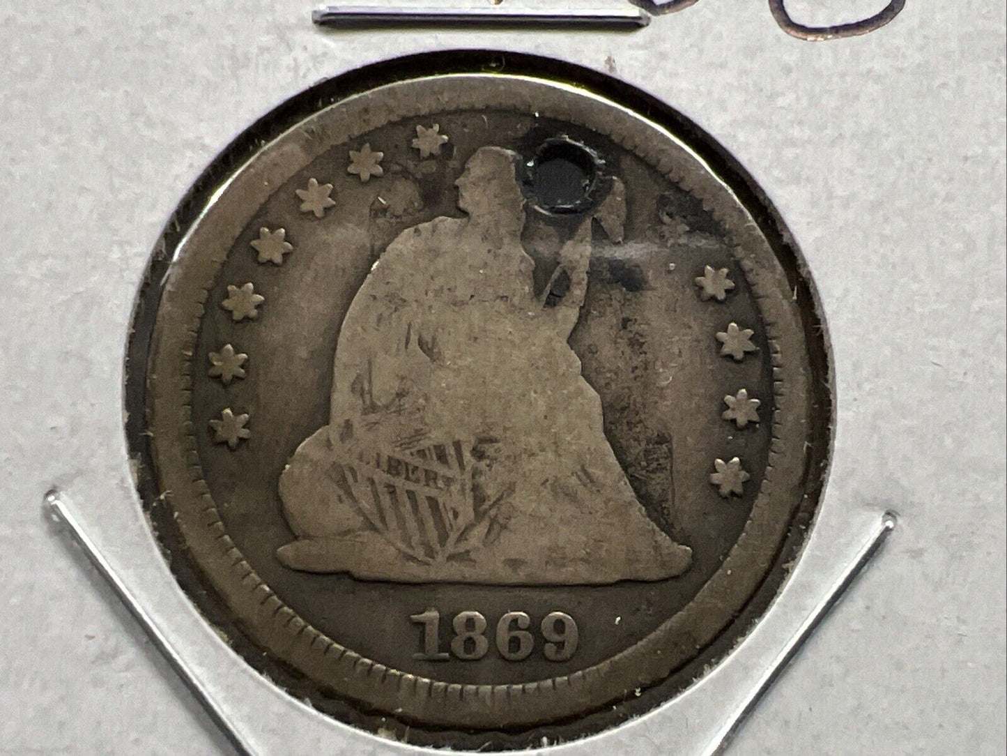 1869 P 25c Liberty Seated Quarter Coin VG Details HOLED - Key Date