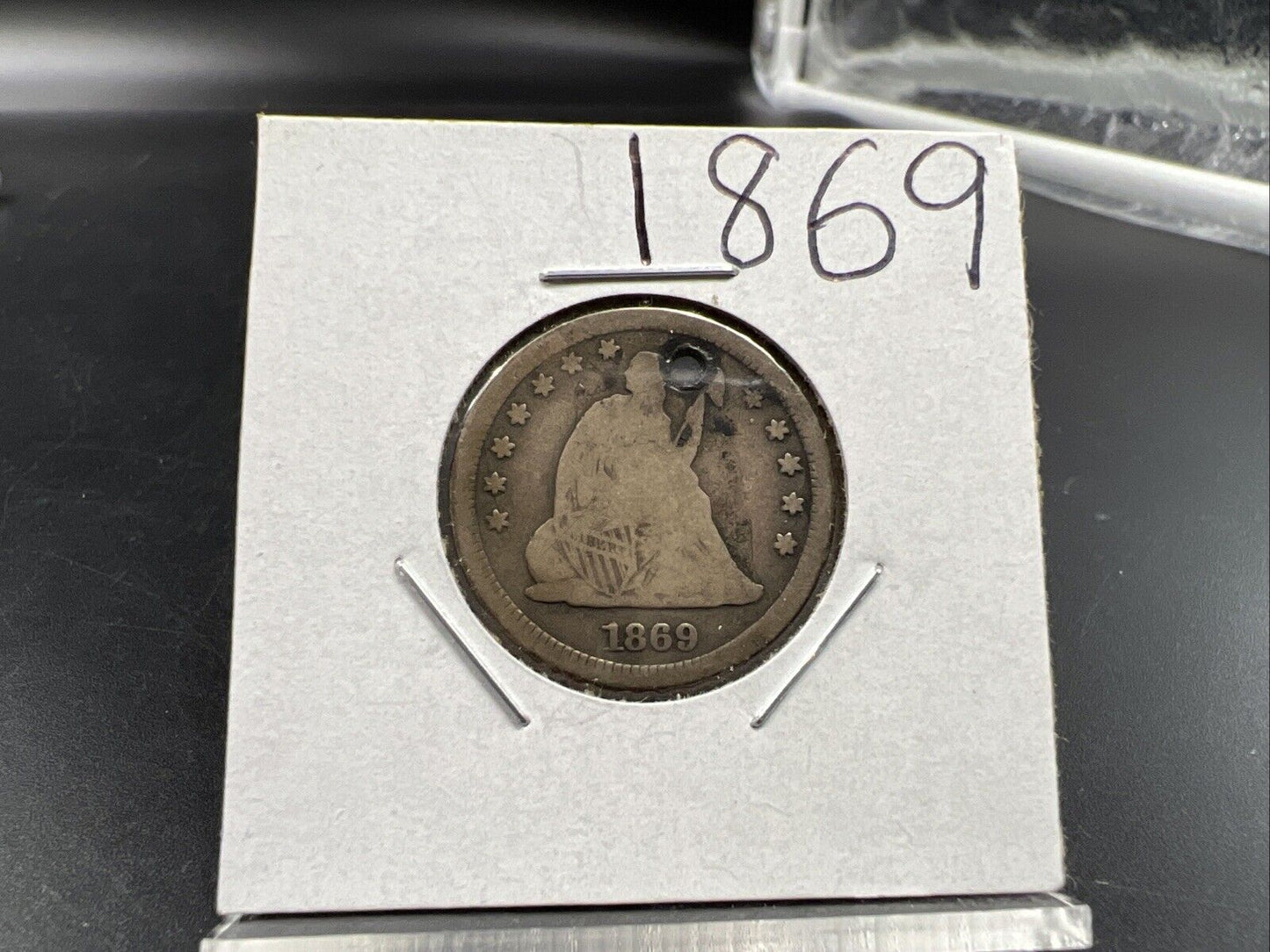 1869 P 25c Liberty Seated Quarter Coin VG Details HOLED - Key Date