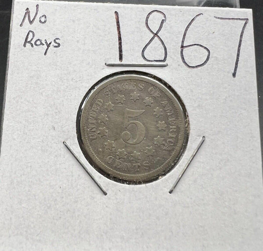 1867 5c No Rays Shield Nickel Coin VG Very Good Circulated