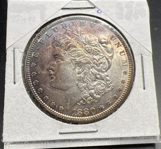 1880 P $1 Morgan Silver Dollar Coin Choice AU Neat Purple Toning Toner