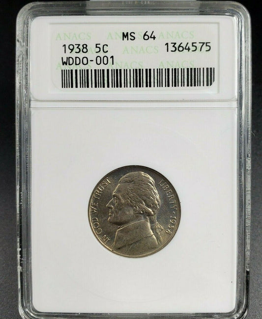 1938 Jefferson Nickel Coin Variety 5c ANACS MS64 DDO 001 DMR-003 Double Die OBV