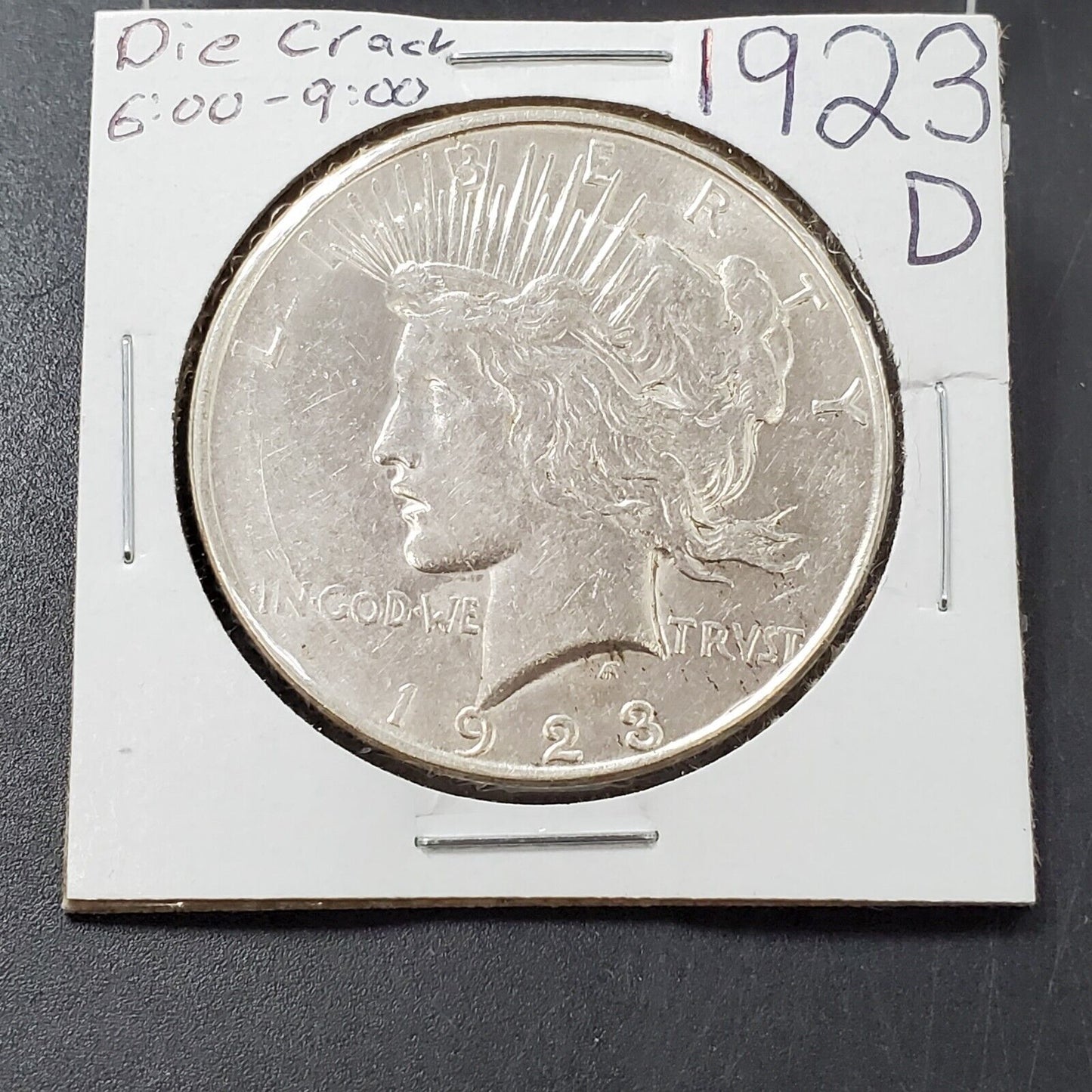 1923 D Peace Eagle Dollar Coin AU Detail 6-9 o Clock Die Break Crack Obverse Vam