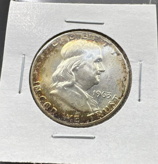 1963 D Franklin Silver Half Dollar Coin BU UNC Nice Toning Toner OBV