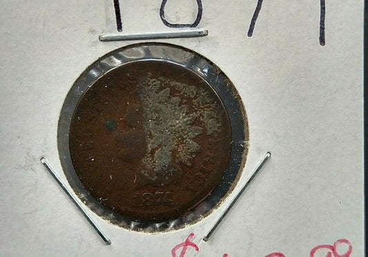 1874 P Indian Head Wheat Cent Penny Coin AG / GOOD Details Semi Key Date