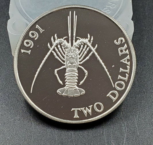 1991 Bermuda Elizabeth II SPINEY LOBSTER GEM Proof Silver $2 Coin 3K Mintage