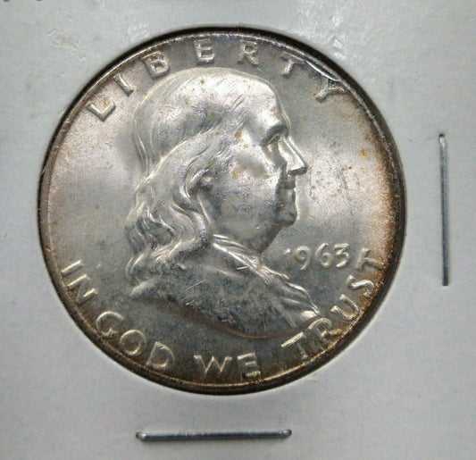 1963 P Franklin Silver 90% Half Dollar Coin BU UNC Some Toning