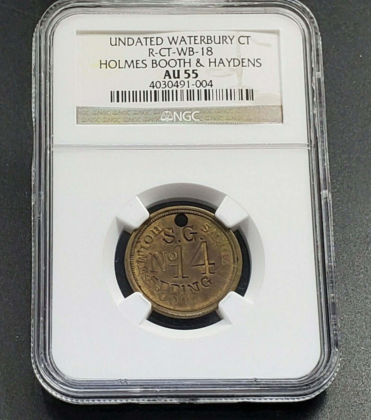 1866 - 1894 R-CT-WB-18 Holmes Booth & Haydens NGC AU55 Waterbury CT About UNC