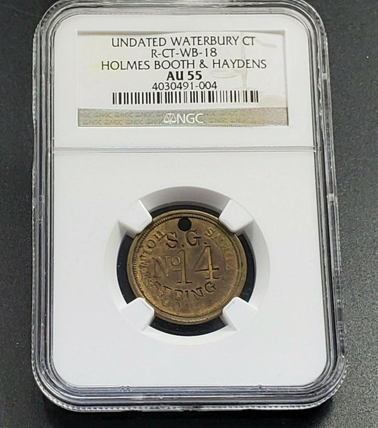 1866 - 1894 R-CT-WB-18 Holmes Booth & Haydens NGC AU55 Waterbury CT About UNC
