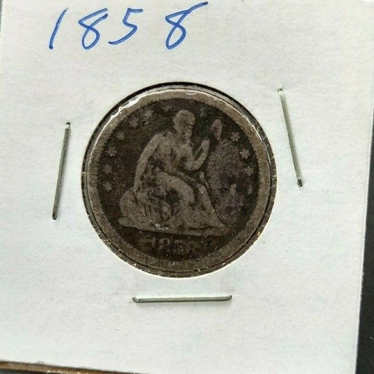 1858 P Seated Liberty Silver Quarter Coin Average AG / G Good Toned Circulated