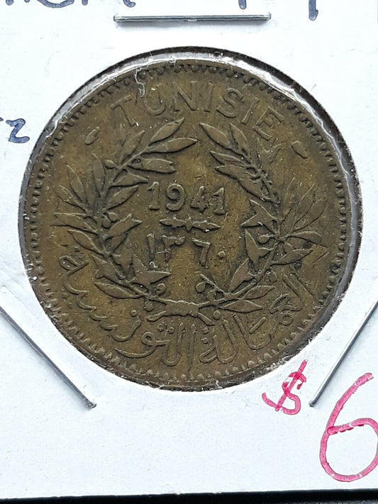 1941 Tunisia 2 Francs Aluminum Bronze Alloy Coin WW2 World War Issue Circulated