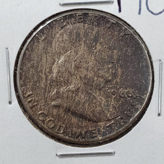 1960 P Franklin Silver Half Dollar Coin AU About UNC Neat Toning Toner