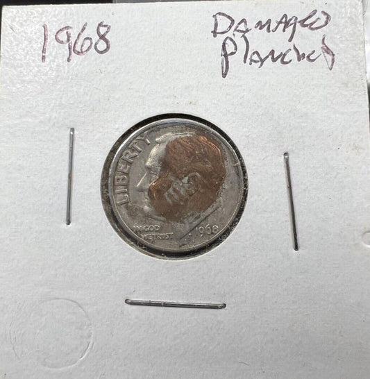 1968 10c Partial Missing Clad Layer Defective Planchet Error Circ Roosevelt Dime