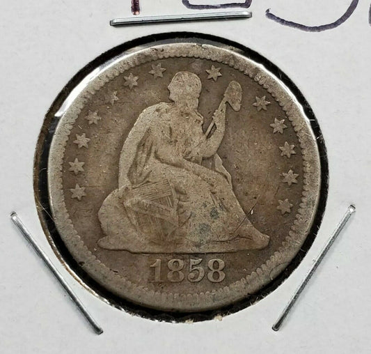 1858 P Seated Liberty Silver Quarter Coin Average Good G Circulated