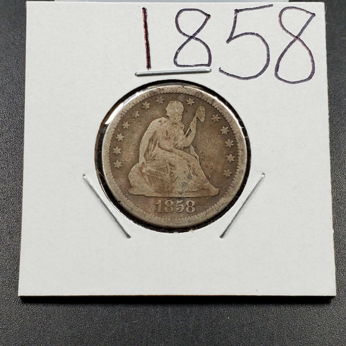 1858 P Seated Liberty Silver Quarter Coin Average Good G Circulated