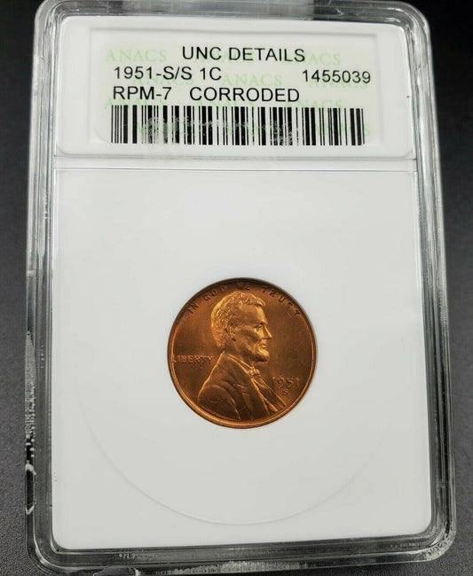 1951 S Lincoln Wheat Cent Penny Variety ANACS UNC Details RPM 007 S/S