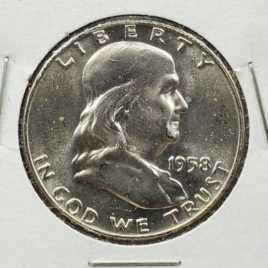 1958 D Franklin Silver Half Dollar Coin Choice BU UNC Some Toning