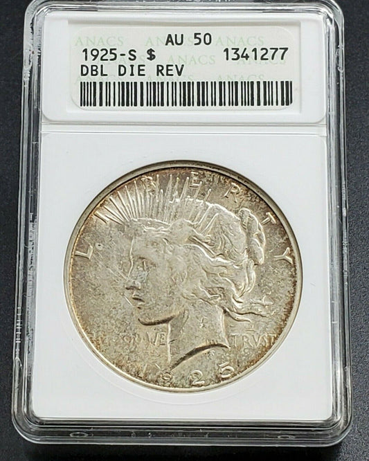 1925 S Peace Dollar Variety ANACS AU50 DDR VAM-4 DBL Denominatio Nice Toning REV