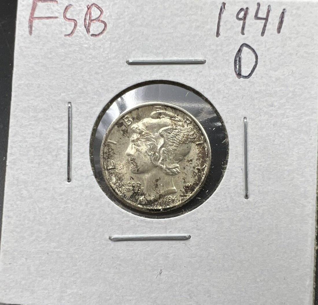 1941 D Mercury Silver Dime Coin BU UNC FSB Full Split Bands Toner